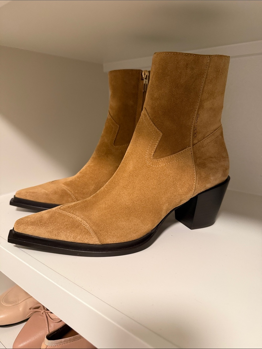 Jimmy Choo Cece Tan Suede Pointed-Toe Western Ankle Boots